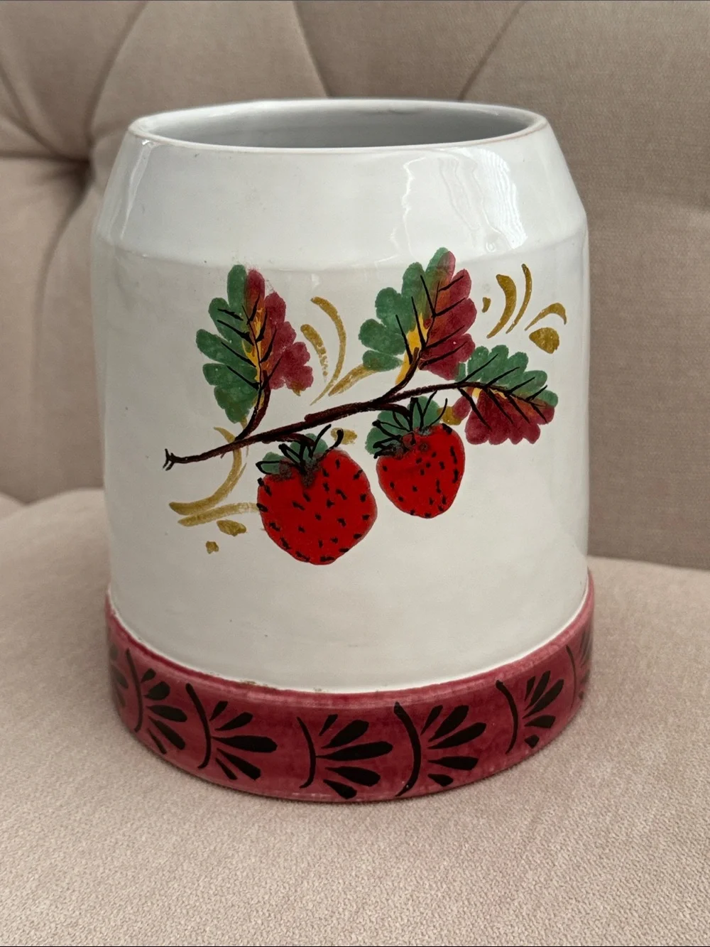 Vintage Italian Hand Painted Jay Willfred Strawberries  Biscotti Crock Pottery